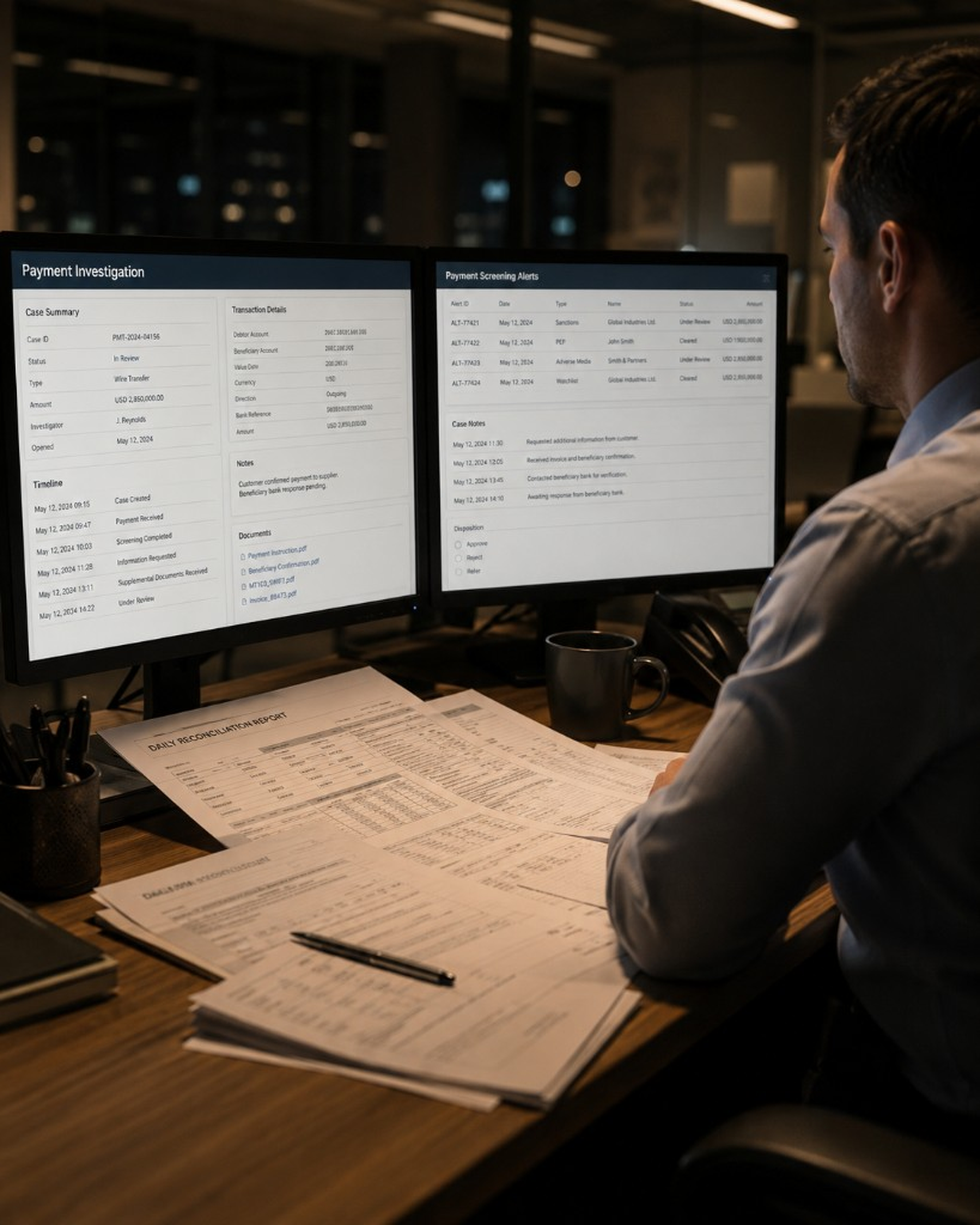 Payment investigation desk: screening alerts, reconciliation, and case review